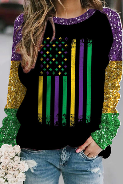 Casual Glitter Mardi Gras American Flag Print Sweatshirt