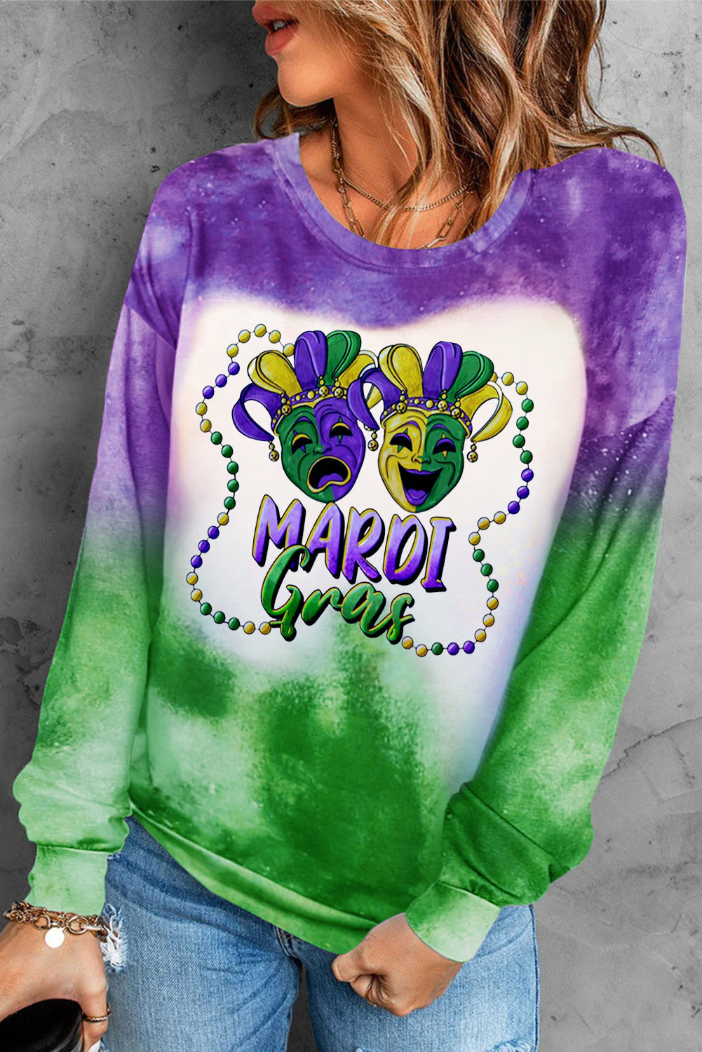 Casual Mardi Gras Mask With Beads Print Bleached Round Neck Sweatshirt