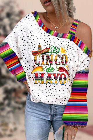 Cinco De Mayo With Sombrero Hat And Peppers Print Off-Shoulder Blouse