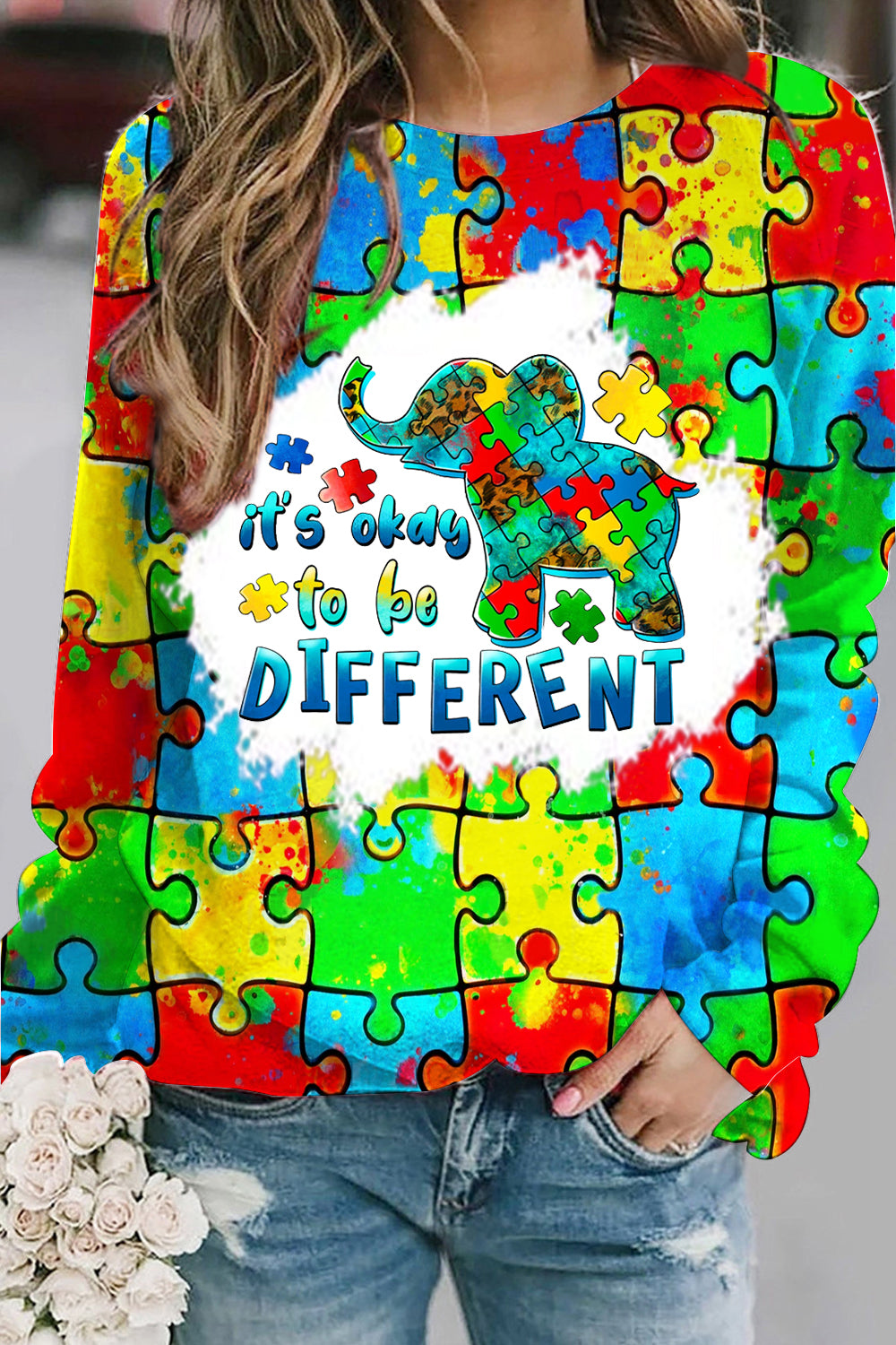It's Okay To Be Different Elephant Autism Awareness Print Sweatshirt