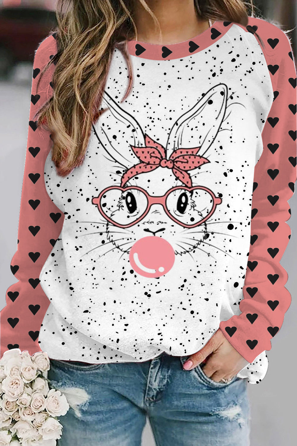 Pink Heart Polka Dots Cute Bunny Rabbit With Bandana Glasses Bubblegum Sweatshirt