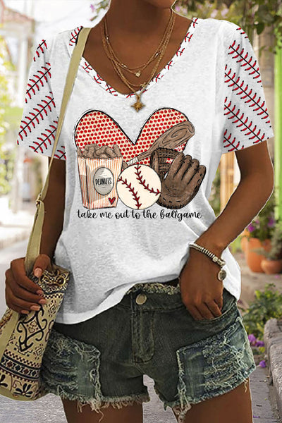 Take Me Out To The Ballgame  Baseball Printed V Neck T-shirt