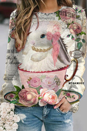 Vintage Teacup Rabbit With Pearl Earring Printed Sweatshirt