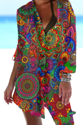Colorful Mandala Vintage Floral Loop Pattern Patch Front Pockets Shirt