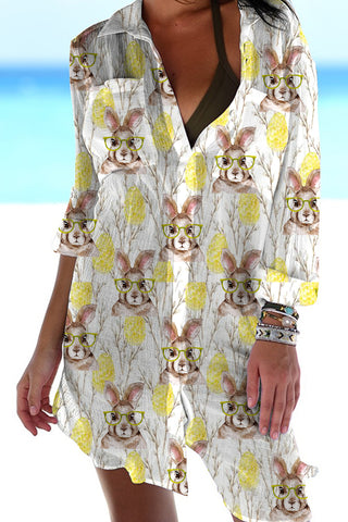 Cute Easter Bunny With Glasses In Easter Eggs Forest Printed Patch Front Pockets Shirt