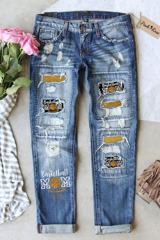 Glitter Basketball Mom Polka Dots Print Ripped Denim Jeans