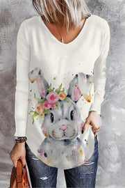 Bunny Rabbit Wearing Spring Flower Wreath  Multicolor Ink Dots Printed Casual V Neck Long Sleeve T-Shirt