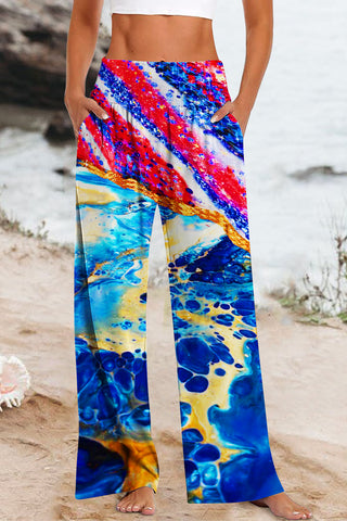 Vacation Beach Ocean Waves Trendy Texture & Tie-dye American Flag High Waisted Baggy Pants with Pockets