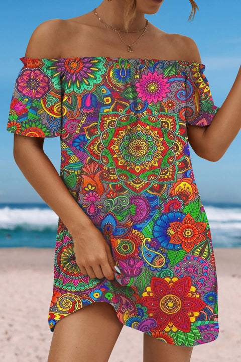 Colorful Mandala Vintage Floral Loop Pattern Ruffled Boat Neck Strapless Dress