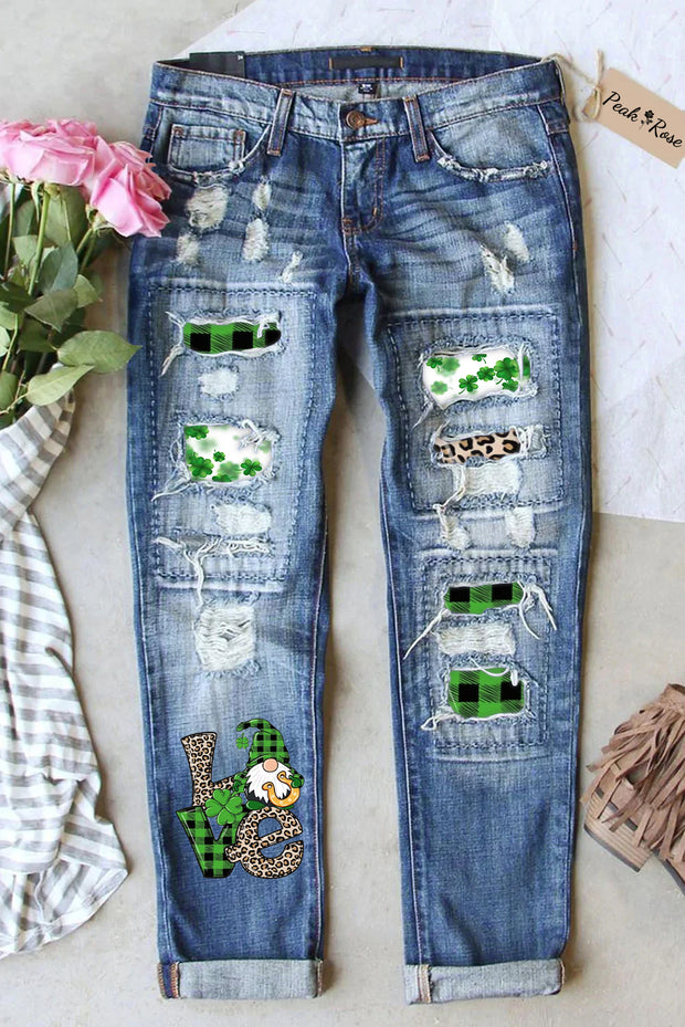 St. Patricks Day Gnomes Love Print Ripped Denim Jeans