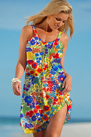 Beach Vacation Retro Idyllic Country Style Colorful Small Clusters Of Flowers Printed Sleeveless Dress