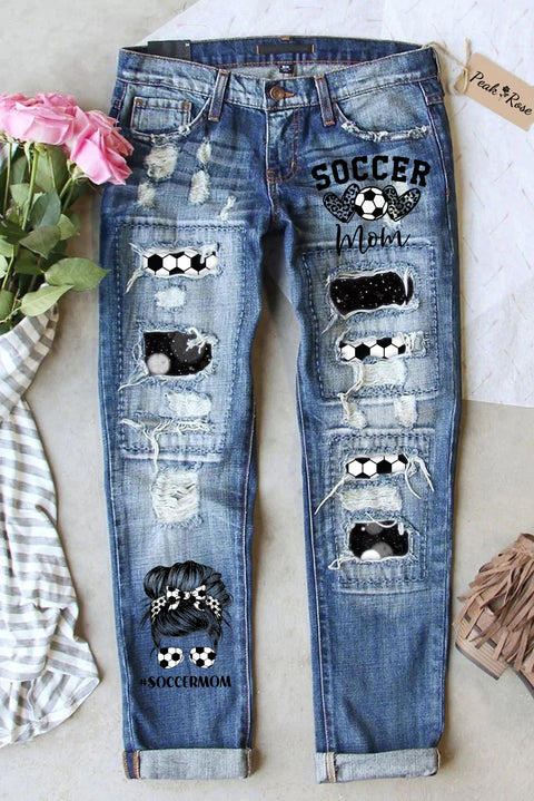 Soccer Mom Messy Bun Print Bleached Ripped Denim Jeans