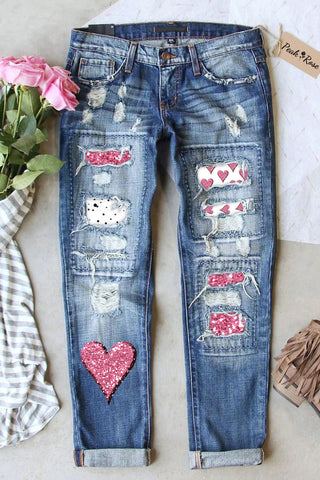 Pink Diamond Heart Print Jeans