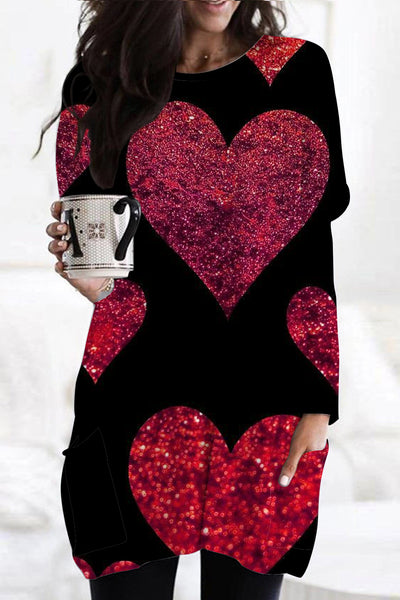 Glitter Red Heart Sparkles Print Loose Tunic with Pockets