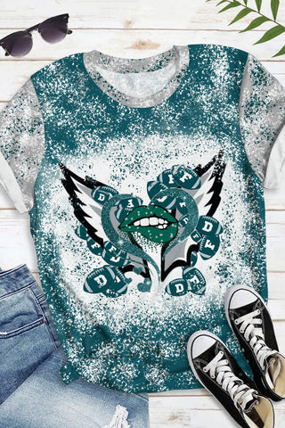 Green And Gray Team Colors Love Lips And Wings Football Printed Round Neck Short Sleeve T-shirt