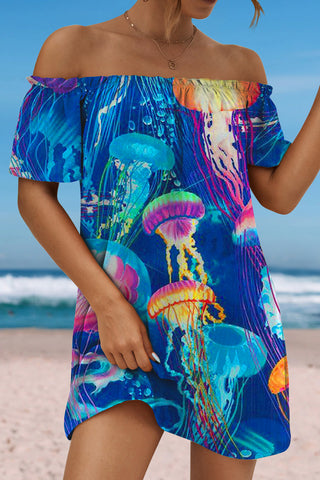 Beach Colorful Jellyfish Ruffled Boat Neck Strapless Dress