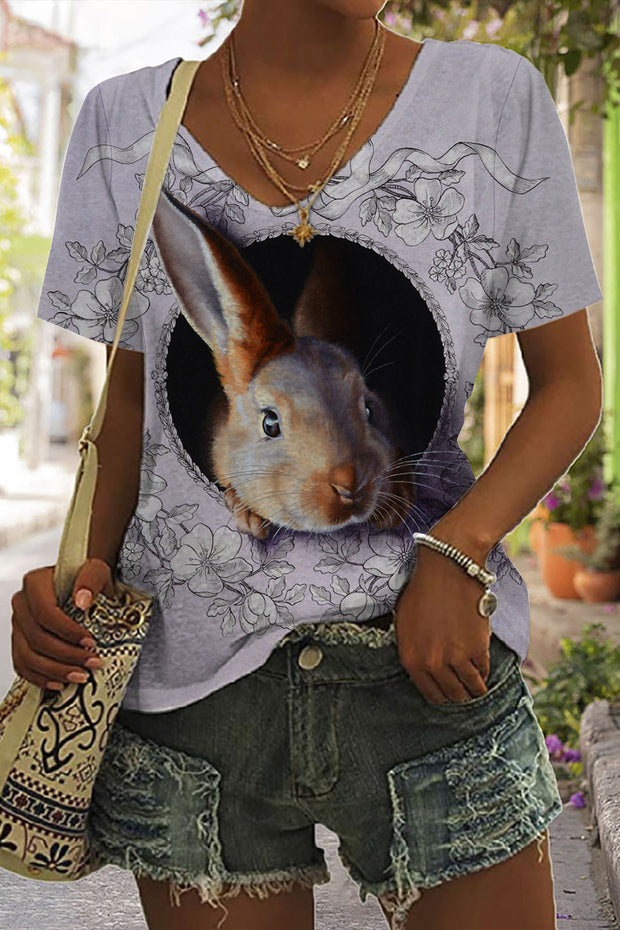 Purple Vintage  Flowers Easter 3D Cute Bunny Printed V Neck T-shirt