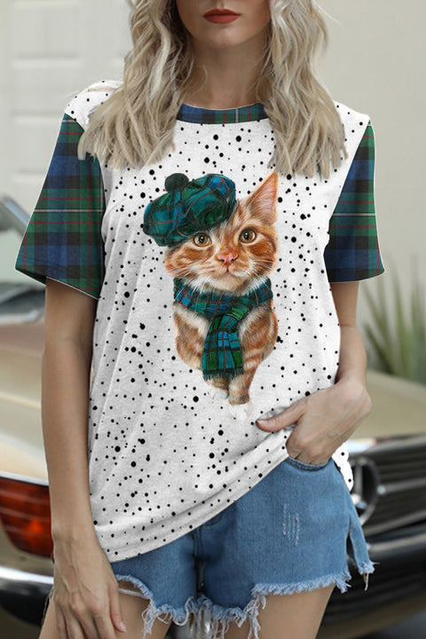 Green Plaid Cute Cat Bleached T-Shirt