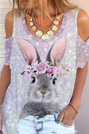 Glitter Cute Easter Bunny With Pink Wreath Printed Casual Cold Shoulder T-Shirt