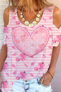 Striped Pink Heart Floral Print Cold Shoulder T-Shirt
