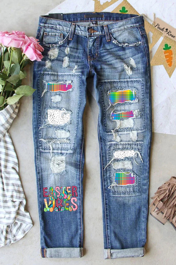 Easter Vibe Happy Easter Day Bunny Print Ripped Denim Jeans