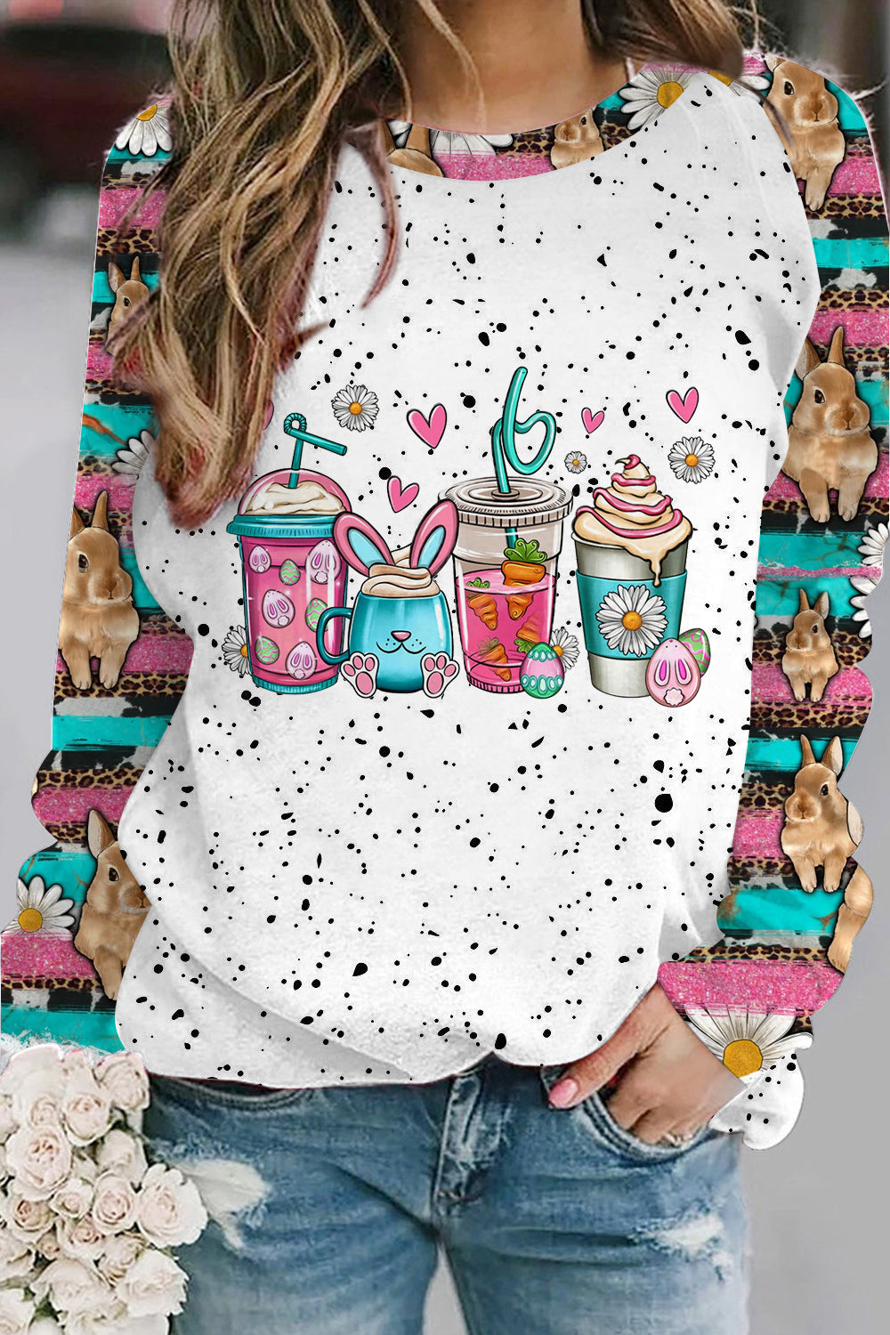 Easter Bunny Coffee Ice Cream Cups With Daisies Western Rhinestone Polka Dots Sweatshirt