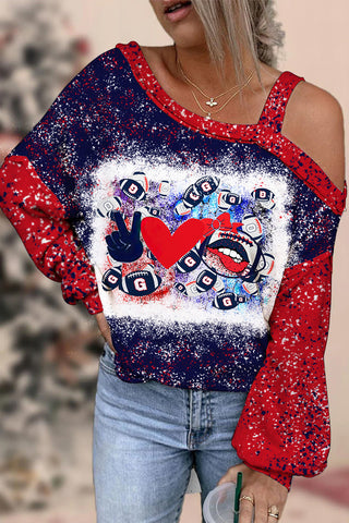 Red & Blue Contrasting Love & Peace Football Printed Off-Shoulder Blouse