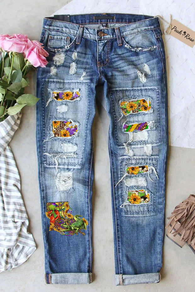 Louisiana Map With Mardi Gras Crocodile Crawfish Western Sunflower Leopard Print Ripped Denim Jeans