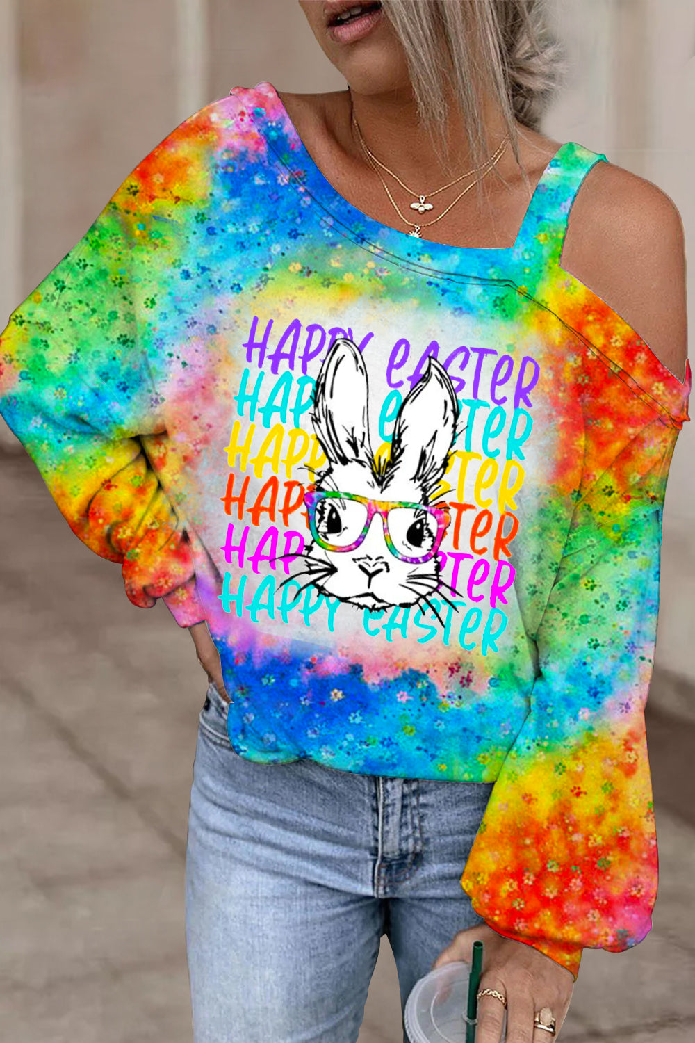 Happy Easter Rainbow Bunny With Glasses Bleached Print Off Shoulder Blouse