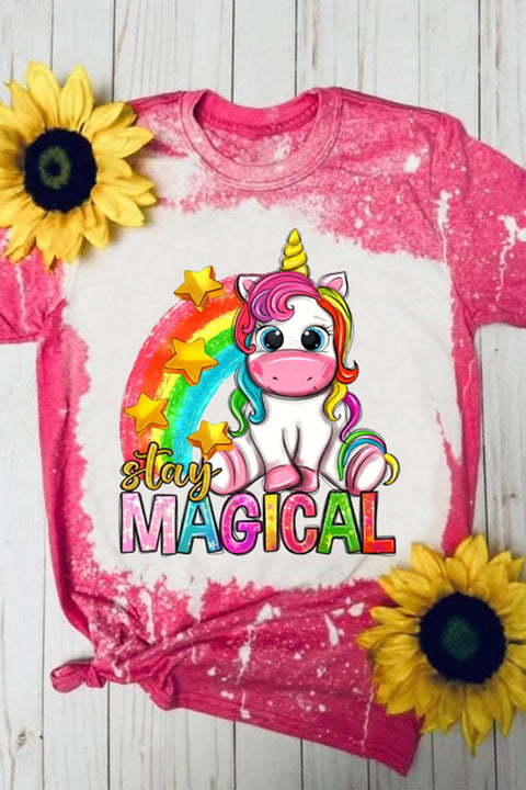 Stay Magical Unicorn Rainbow Bleached Printed Round Neck T-shirt