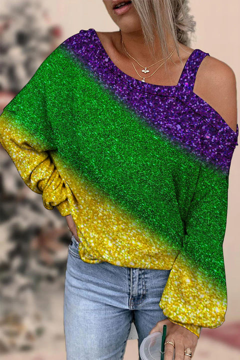 Retro Glitter Gradient Mardi Gras Carnival Print Off-Shoulder Blouse