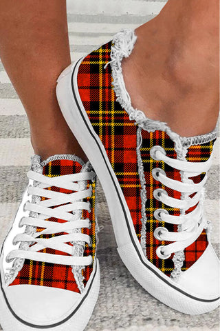 Classic Retro Red & Yellow Plaid With Championship Team Trophy Canvas Shoes Sneakers