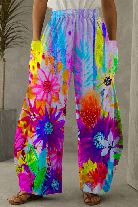 Trendy Oil Painting Vintage Rainbow Flowers & Dandelions Inspirational Loose Pockets Pants