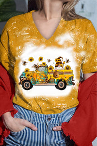Western Gnomes Truck With Bees And Sunflowers Plaid Bleached V-Neck T-Shirt