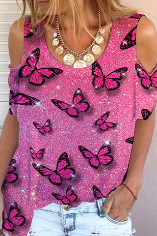 Pink Glitter Butterflies Print Cold Shoulder T-Shirt