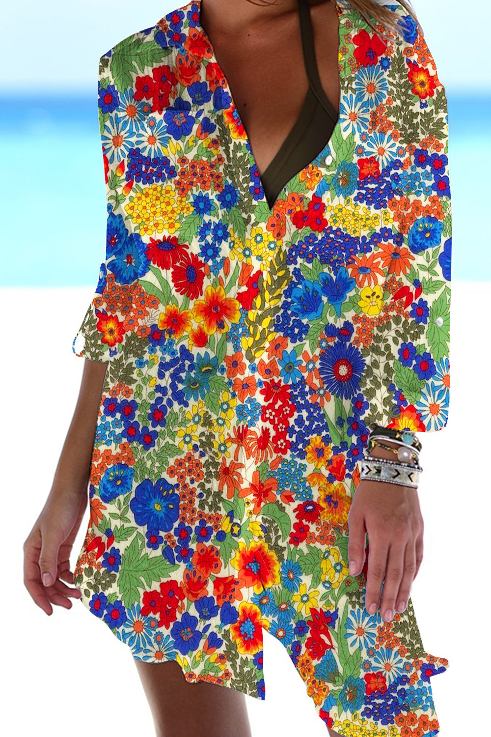 Beach Vacation Retro Idyllic Country Style Colorful Small Clusters Of Flowers Printed Patch Front Pockets Shirt