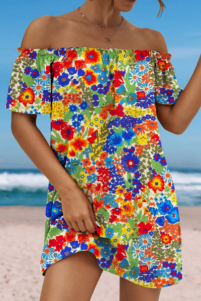 Beach Vacation Retro Idyllic Country Style Colorful Small Clusters Of Flowers Ruffled Boat Neck Strapless Dress