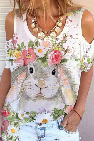 Happy Easter Bunny Watercolor Flower Garden Spring Floral Printed Cold Shoulder T-Shirt