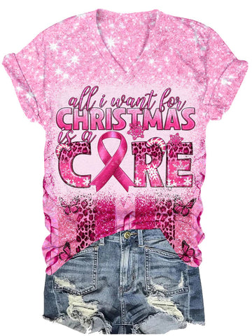 Women's All i want for Christmas is a cure Breast Cancer Casual  T-shirt
