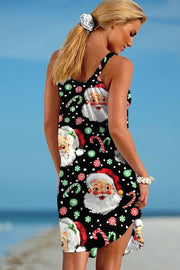 Retro Vintage Jolly Santa Claus Print Sleeveless Dress