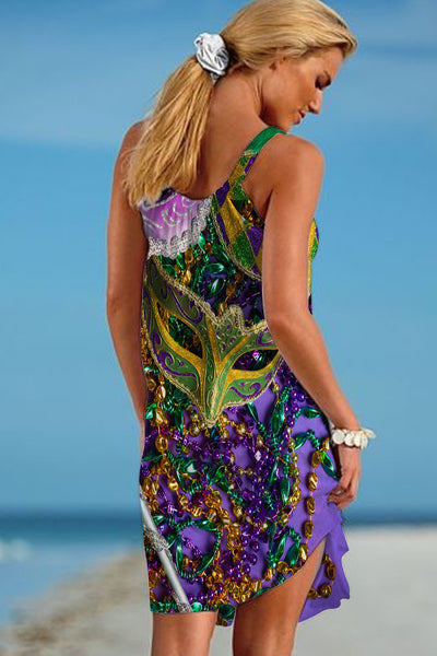 Mardi Gras Carnival Sequin Mask With Colored Beads Sleeveless Dress