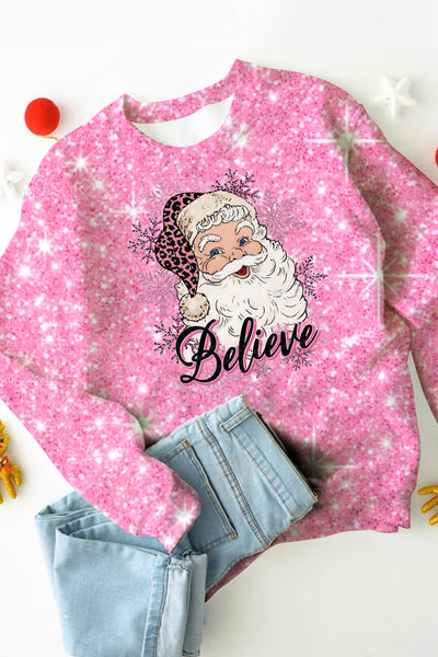 Pink Christmas Believe Santa Print Sweatshirt
