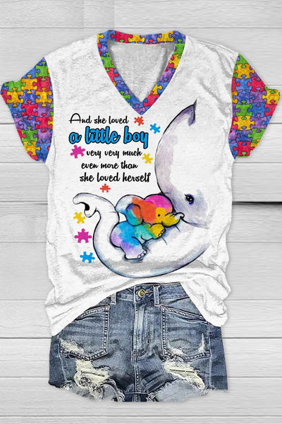 Autism Awareness Acceptance Love MAMA Elephant Printed V-neck T-shirt