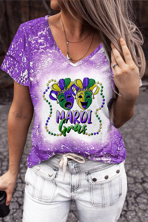 Casual Mardi Gras Mask With Beads Print Bleached Outside T-shirt