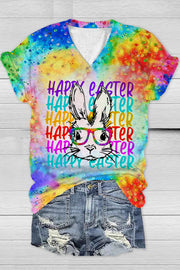 Happy Easter Rainbow Bunny With Glasses Bleached Print V Neck T-shirt