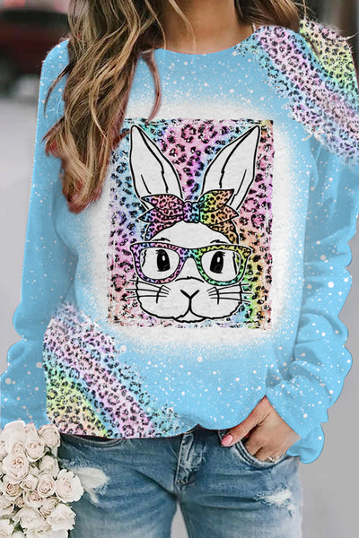 Rainbow Leopard Easter Bunny With Glasses Bleached Print Sweatshirt