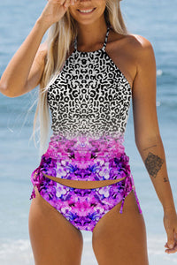 Purple Romantic Flower Leopard Print Swimsuit
