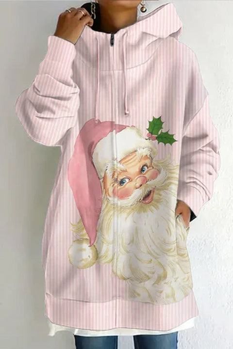 Women's Casual Round Neck Long Pocket Santa Print Pullover Sweatshirt