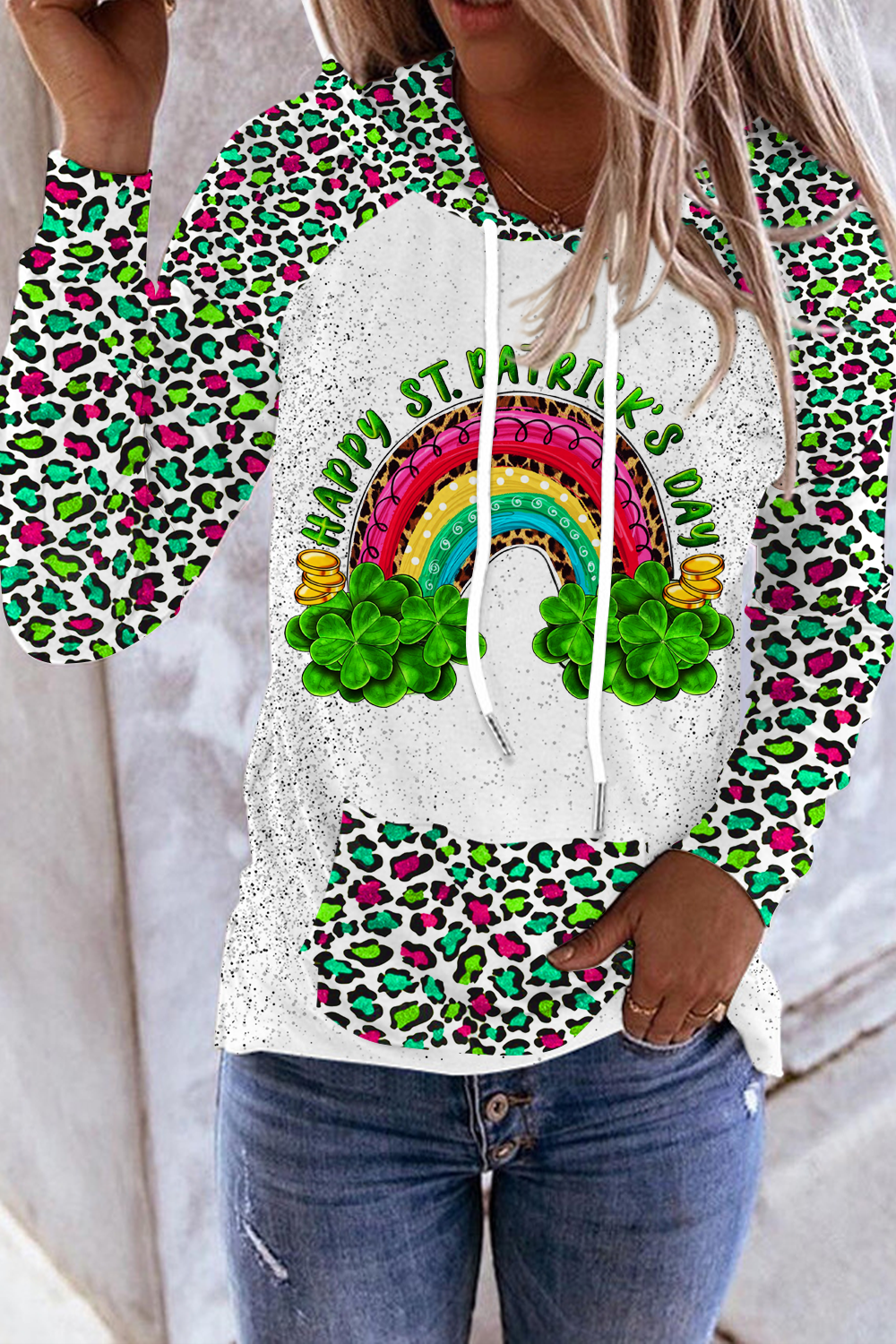 Rainbow and Shamrock Happy St Patricks Day Leopard Pattern Hoodie