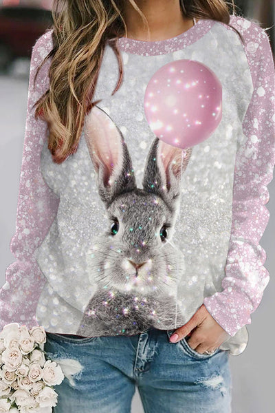 Glitter Cute Easter Bunny Holding A Pink Balloon Printed Sweatshirt